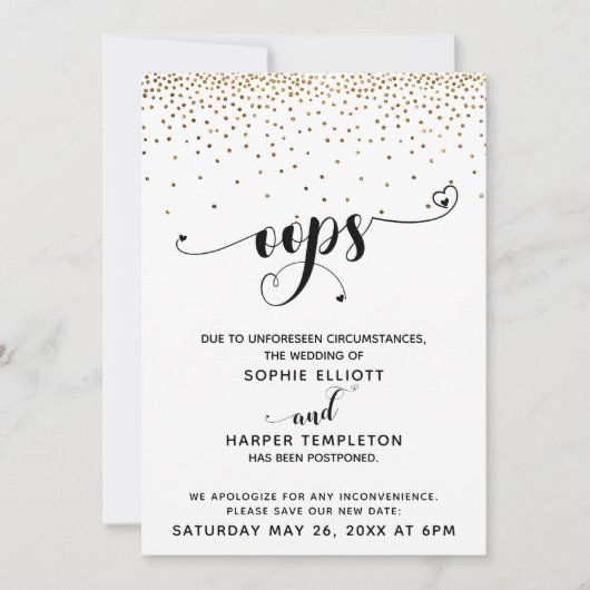 延期され結婚た金ゴールドの紙吹雪とハート 招待状 (正面)