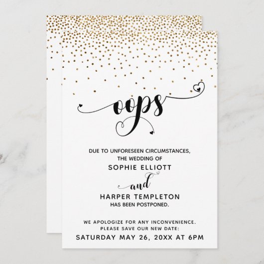 延期され結婚た金ゴールドの紙吹雪とハート 招待状 (正面/裏面)