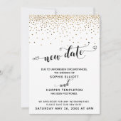 延期され結婚た金ゴールド紙吹雪とハートの新しい日付 招待状 (正面)