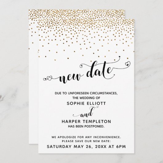 延期され結婚た金ゴールド紙吹雪とハートの新しい日付 招待状 (正面/裏面)