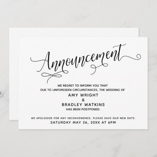 延期さエレガントれた結婚発表カード 招待状 (正面/裏面)