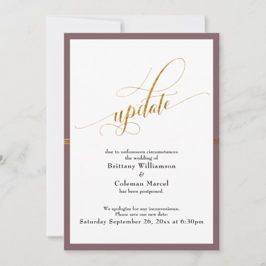 延期さエレガントれたMauve結婚金ゴールドストライプカード 招待状 (正面)