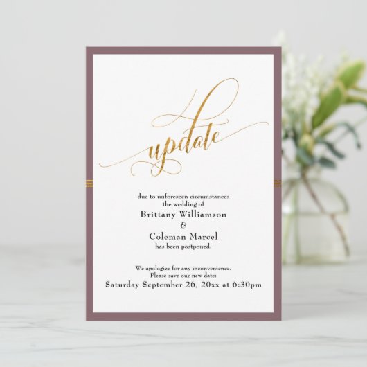 延期さエレガントれたMauve結婚金ゴールドストライプカード 招待状 (スタンド正面)