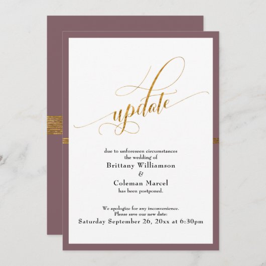 延期さエレガントれたMauve結婚金ゴールドストライプカード 招待状 (正面/裏面)