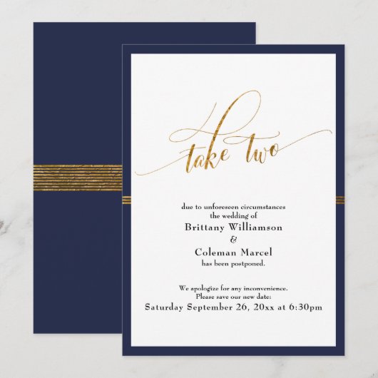 延期さエレガントれ結婚た海軍および金ゴールドストライプカード 招待状 (正面/裏面)