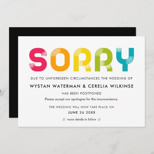 延期さカラフルれた結婚発表カード 招待状 (正面/裏面)