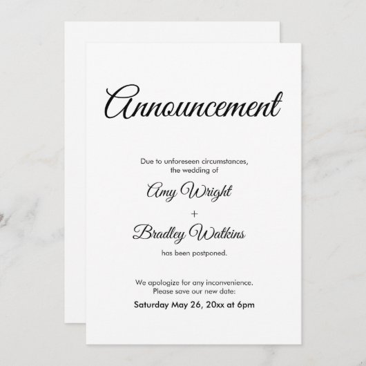 延期さ結婚れたアナウンスエレガントカード 招待状 (正面/裏面)