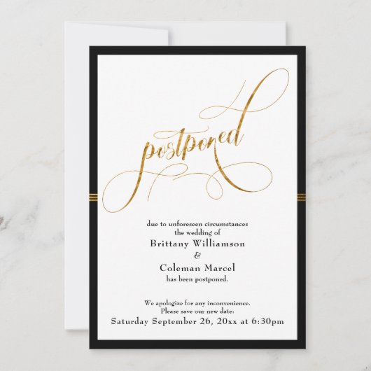 延期さ結婚れたブエレガントラック&金ゴールドストライプカード 招待状 (正面)