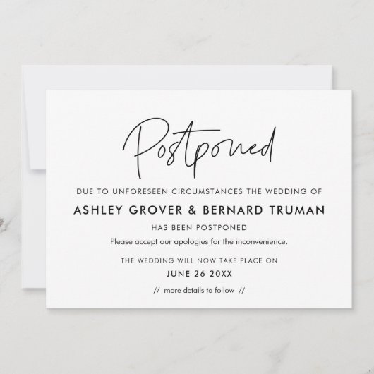 延期さ結婚れた新しい日付通知カード 招待状 (正面)