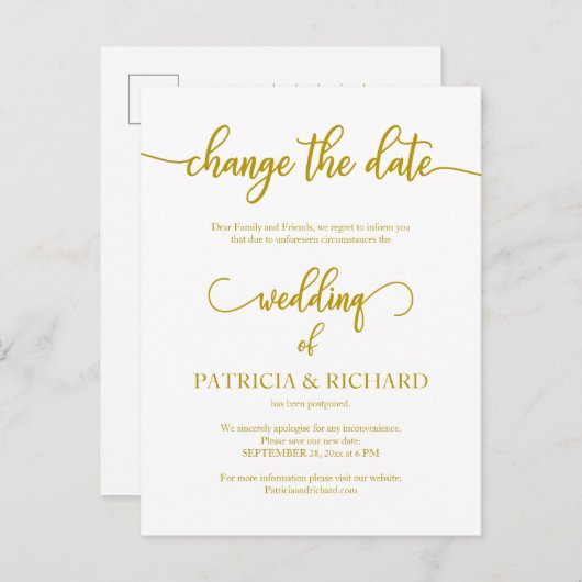 延期さ結婚れた日付の発表エレガント金ゴールド ポストカード (正面/裏面)