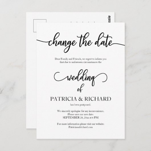 延期さ結婚れた日付の通知が安エレガントい ポストカード (正面/裏面)