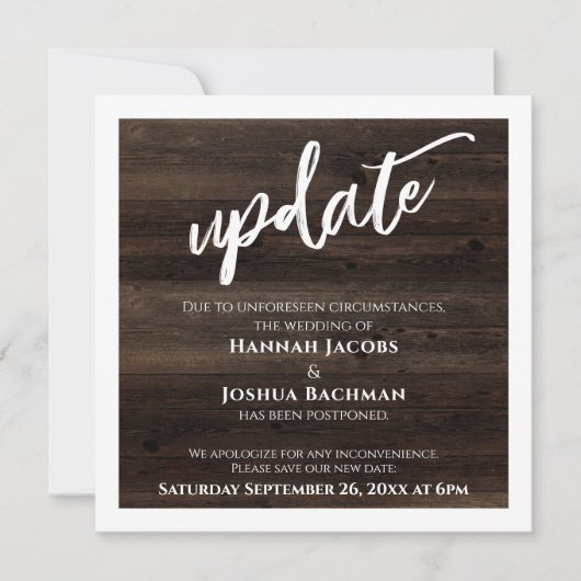 延期さ結婚れた木材素朴更新カード 招待状 (正面)
