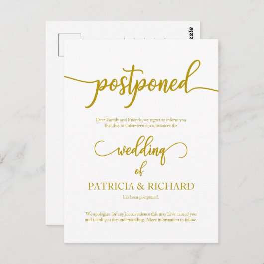 延期さ結婚れた発表エレガント金ゴールド ポストカード (正面/裏面)