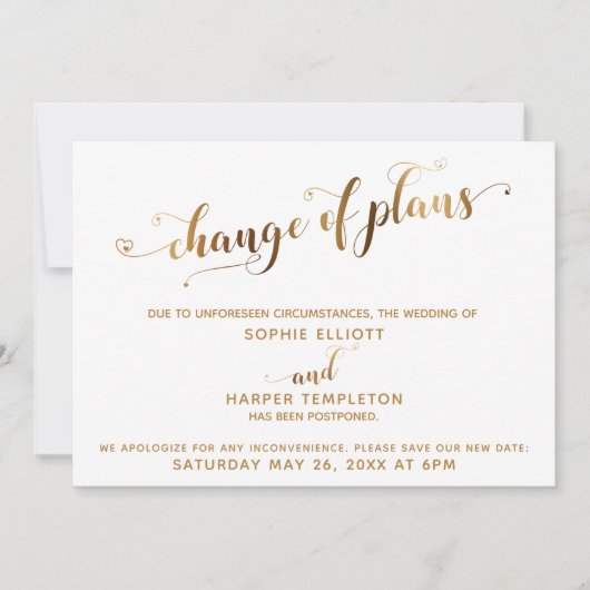 延期さ結婚れた計画の変更金ゴールドとハート 招待状 (正面)