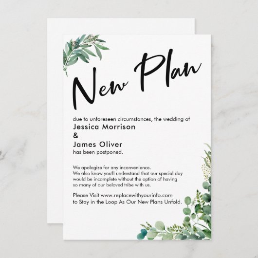 延期さ結婚れた「新しい計画とユーカリ・カード 招待状 (正面/裏面)