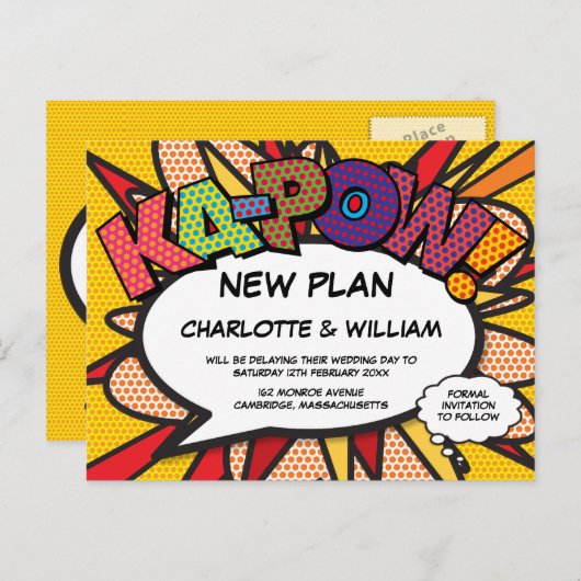 延期する 変更する 日付 現代の楽しい漫画 案内ポストカード (正面/裏面)