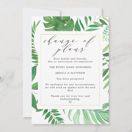 延期になったトロピカルウェディングの計画変更 案内状 (正面)