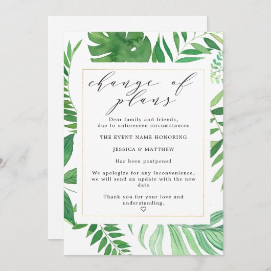 延期になったトロピカルウェディングの計画変更 案内状 (正面/裏面)