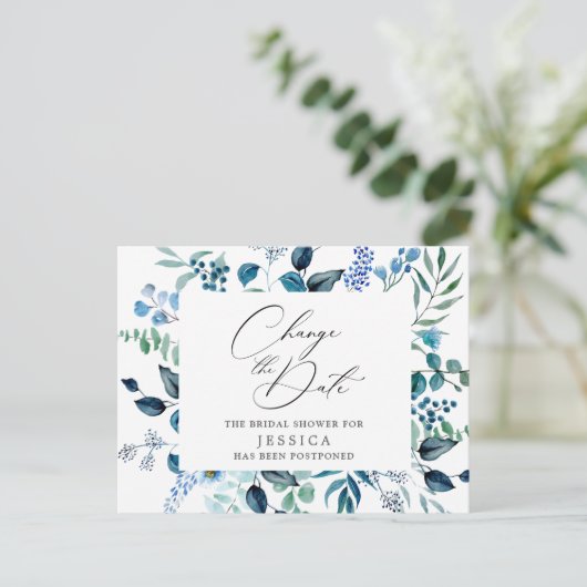 延期になったブライダルシャワーの日程 エレガントな青いバラ ポストカード (スタンド正面)