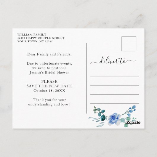 延期になったブライダルシャワーの日程 エレガントな青いバラ ポストカード (裏面)