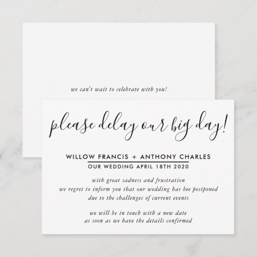 延期になった結婚式　私たちの大きな日を遅らせました　簡単なお知らせです 招待状 (正面/裏面)