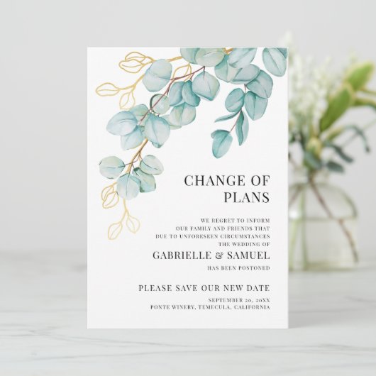 延期のお知らせ エレガントなターコイズとゴールドのユーカリ 案内状 (スタンド正面)
