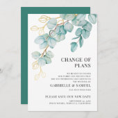 延期のお知らせ エレガントなターコイズとゴールドのユーカリ 案内状 (正面/裏面)
