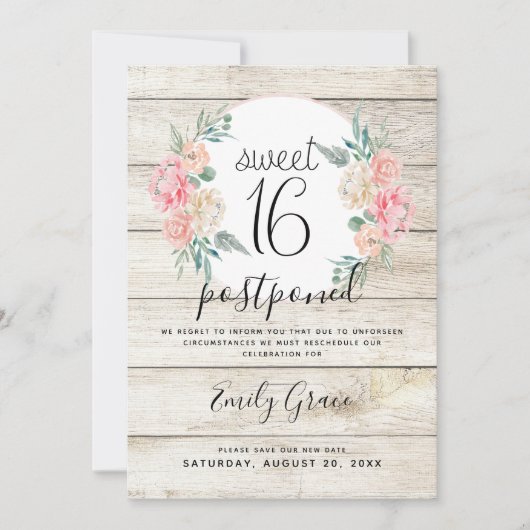 延期のラスティックウッド ボーホー フラワースイート16 招待状 (正面)