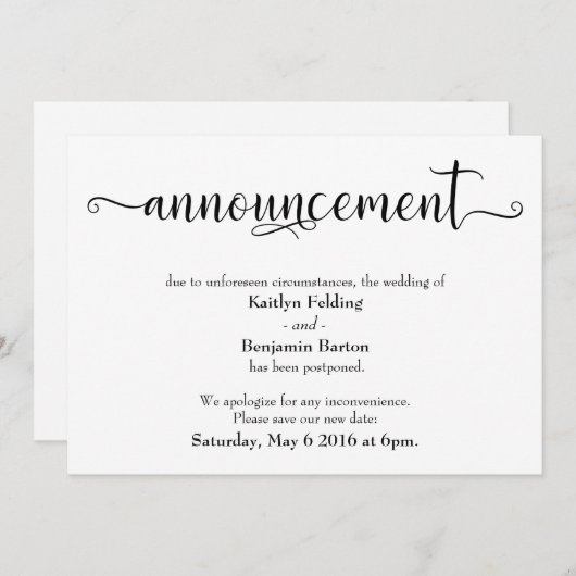 延期の結婚式案内(カリグラフィー付き) 招待状 (正面/裏面)