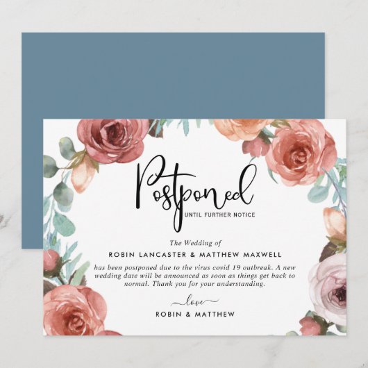 延期イベントのお知らせ - ダスティーブルーの桃色のカード 招待状 (正面/裏面)