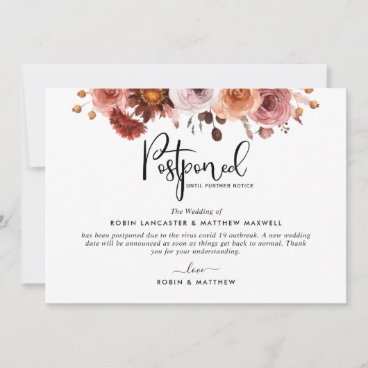 延期イベントのお知らせ、バーガンディ ブラッシュ カード (正面)