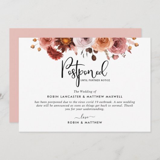 延期イベントのお知らせ、バーガンディ ブラッシュ カード (正面/裏面)