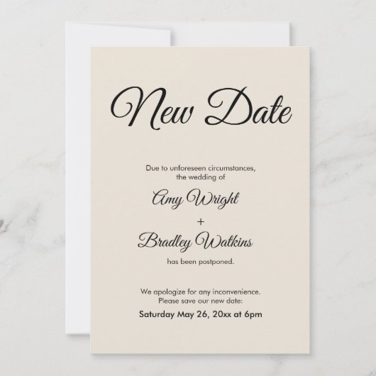 延期発表 クリーム色のウェディングカード 招待状 (正面)