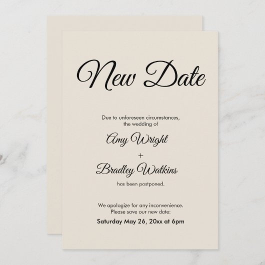 延期発表 クリーム色のウェディングカード 招待状 (正面/裏面)