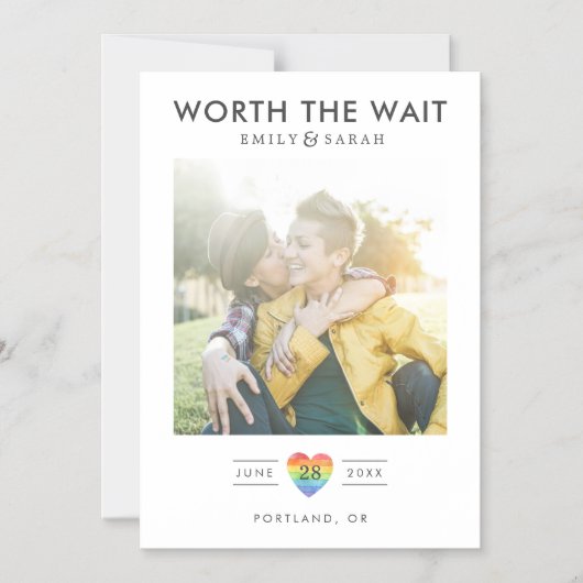 延期結婚されたLGBTQ写真で日付を保存 マグネット招待状 (正面)