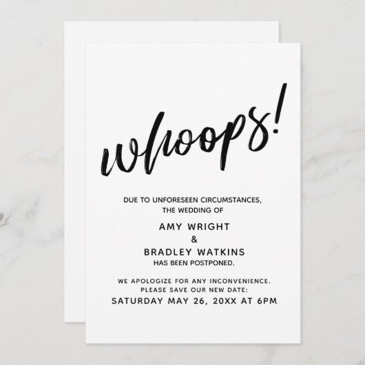 延期結婚さユーモアのあるれた「おっと!」 発表 招待状 (正面/裏面)