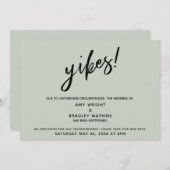 延期結婚さユーモアのあるれた！セージグリーンカード 招待状 (正面/裏面)