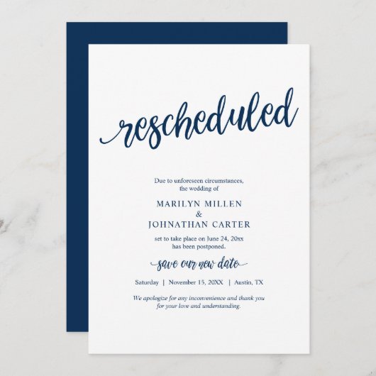 延期結婚のお知らせ ネイビーブルー, 結婚式延期のお知らせ 招待状 (正面/裏面)