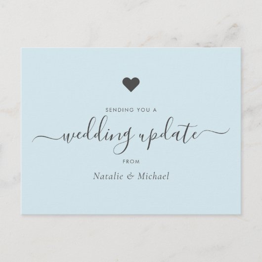 延期結婚報告 上品な手書き風フォント ライトブルー ポストカード (正面)