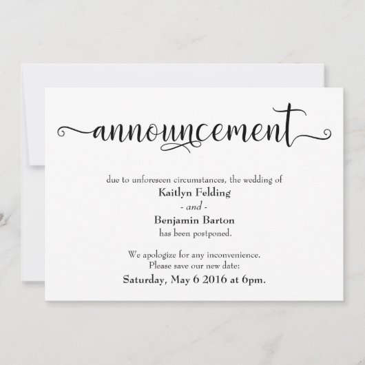 延期結婚式のお知らせ(カリグラフィー付き) 招待状 (正面)