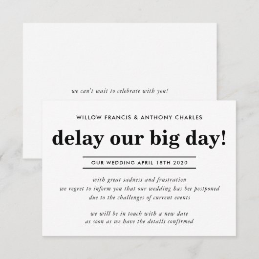 延期結婚式 大きな日の延期 簡単なお知らせ 招待状 (正面/裏面)