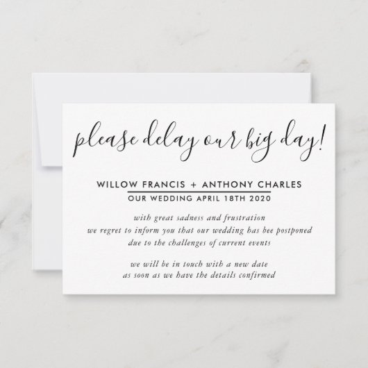 延期結婚式　大切な日を延期する場合のシンプルなお知らせ 招待状 (正面)