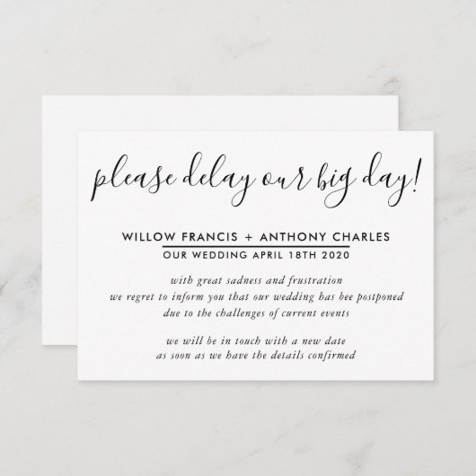 延期結婚式　大切な日を延期する場合のシンプルなお知らせ 招待状 (正面/裏面)