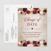 延期結婚日 rustic Wood Burgundy フラワー ポストカード (正面/裏面)
