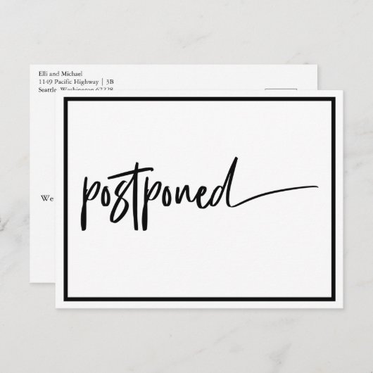 延期結婚白黒モダン 案内ポストカード (正面/裏面)