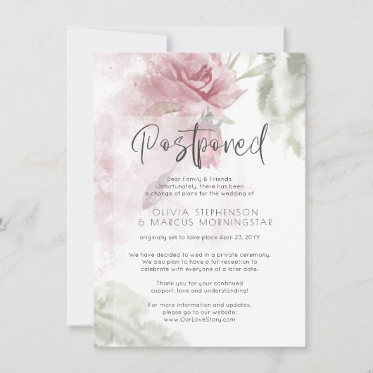 延期結婚 水彩 ダスティローズ ピンク フローラ 招待状 (正面)