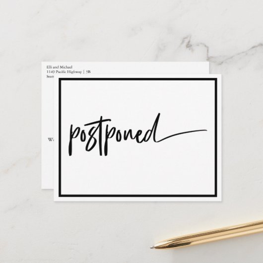 延期結婚 黒白 モダン 案内ポストカード (正面/裏面インサイチュ)