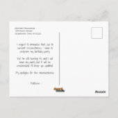 延期誕生日パーティー中止のお詫び カートゥーン ポストカード (裏面)