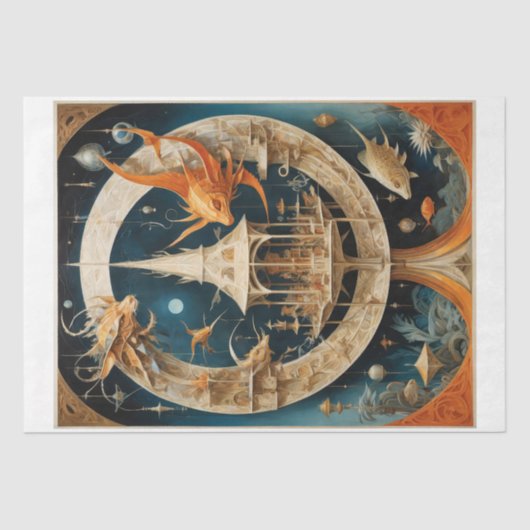 建物や魚と超現実的で抽象芸術的な世界 薄葉紙 (正面)