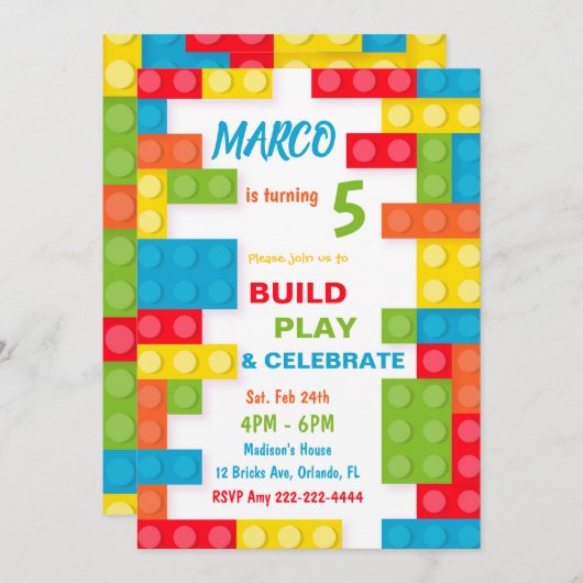 建物ブリック招待状、ボーイ誕生日招待状 招待状 (正面/裏面)